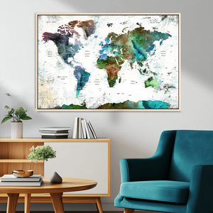 Modern Watercolor World Map Canvas Wall Art – Framed