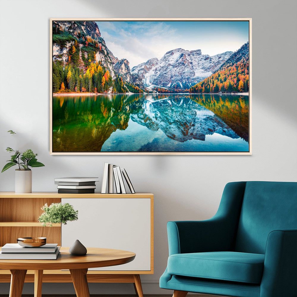 Spectacular autumn view of Braies Lake Wall Art Canvas Print