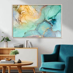 Abstract Aqua and Gold Fluid Wall Art Canvas | 3 Panel Large