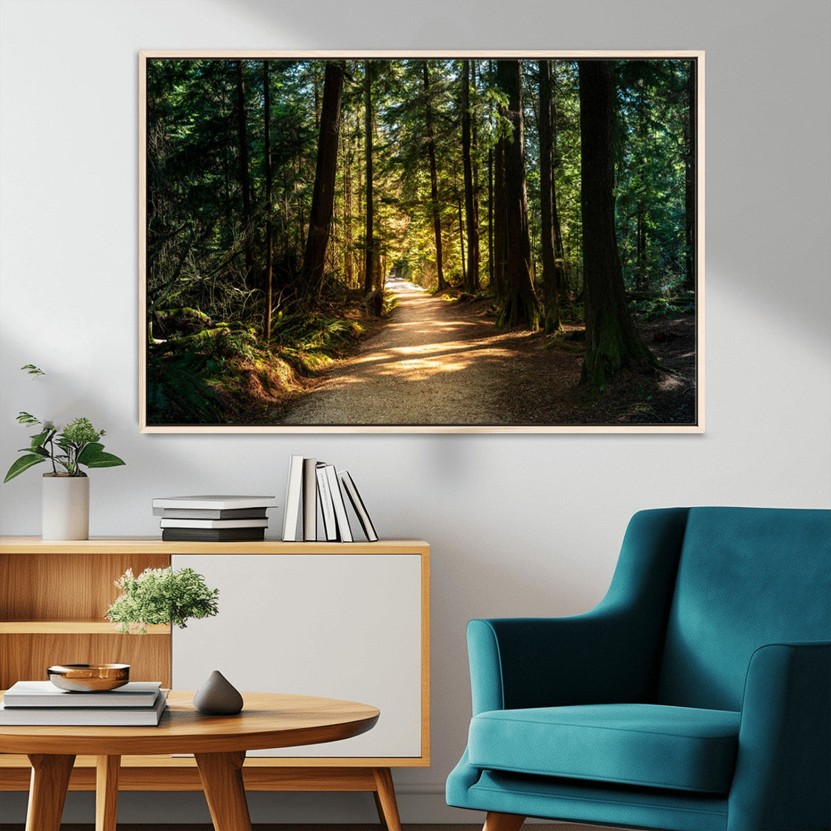 Sunlit Forest Pathway Canvas Print | 3 Panel Large Nature