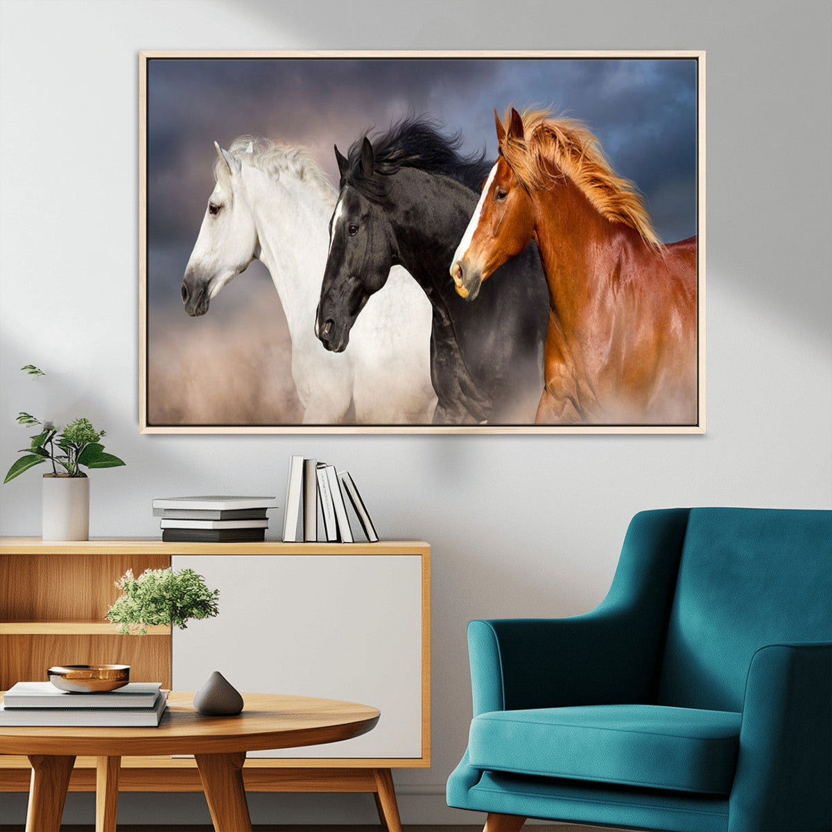 Animal Wall Art Three Horses Farmhouse Art Canvas, Framed