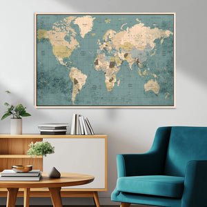 Classic World Map Canvas Print – Framed Vintage Map Wall
