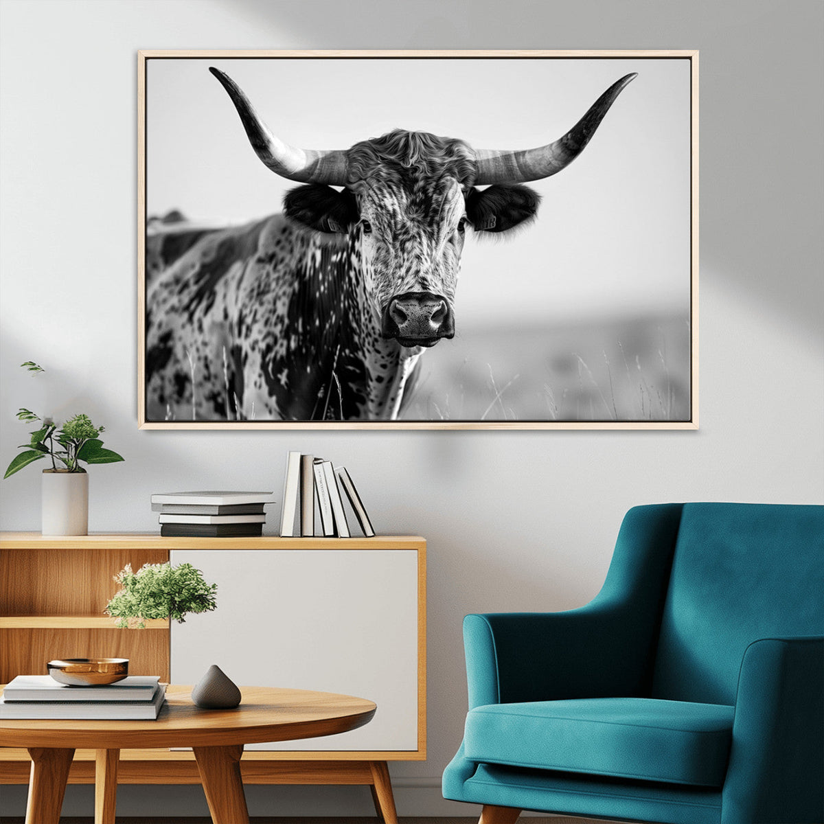Texas Highland Cow Longhorn Canvas Print - Rustic Farmhouse