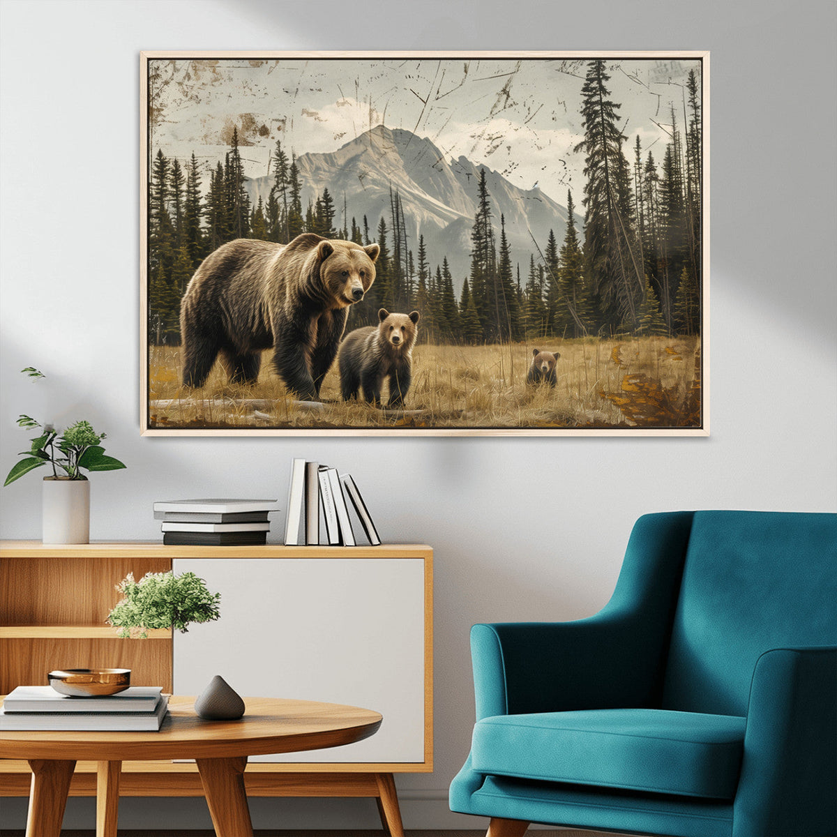 Rustic Grizzly 399 Bear Family Wall Art Canvas Print