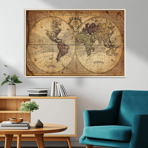 Vintage World Map Wall Art Canvas – Antique Style Push Pin