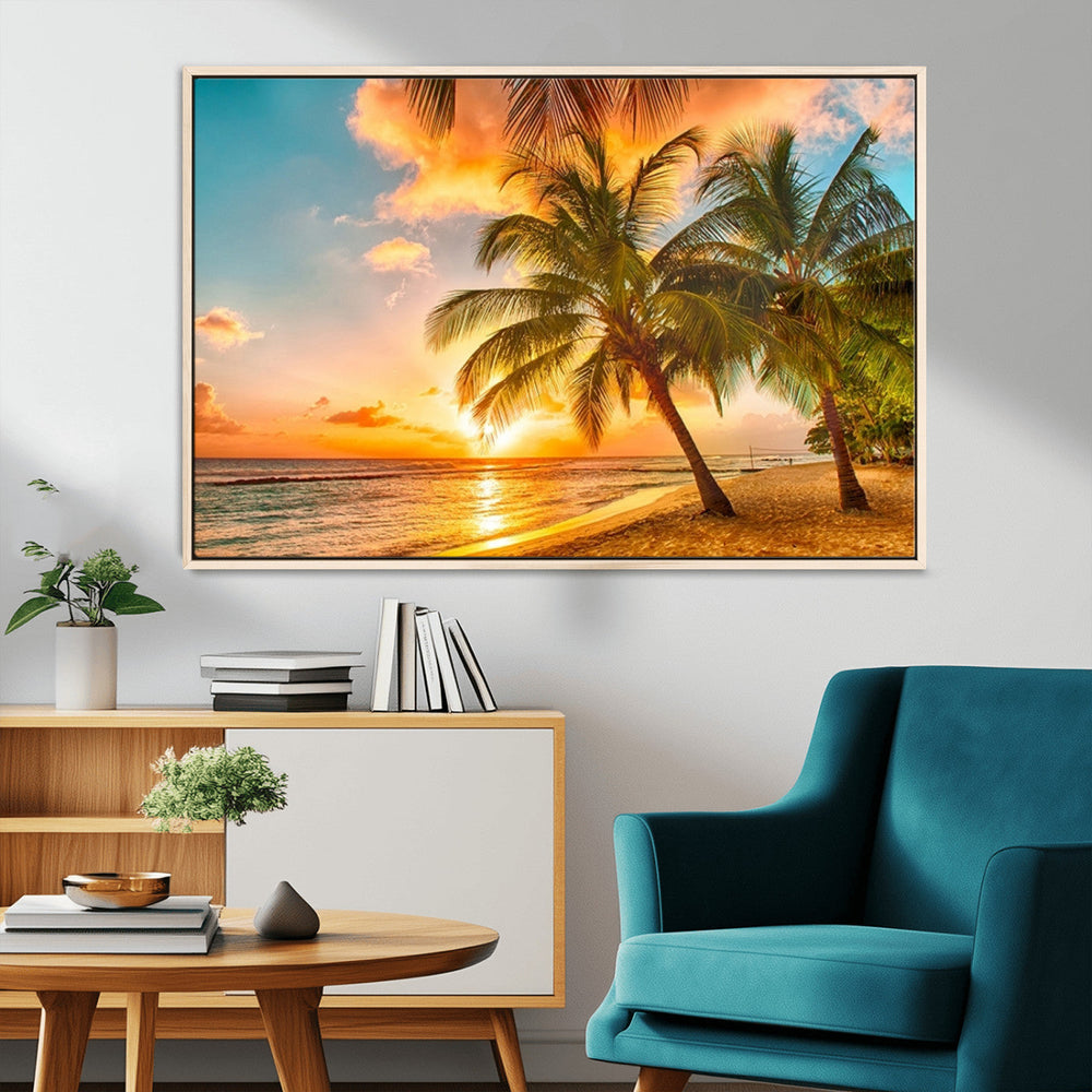 Tropical Sunset Beach Canvas Wall Art Print – Vibrant Palm