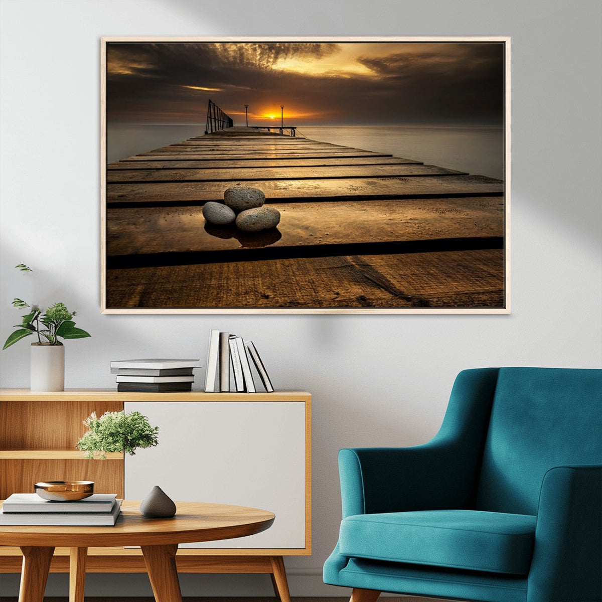 Stones on Wooden Pier at Sunset Canvas Print, Serene Coastal