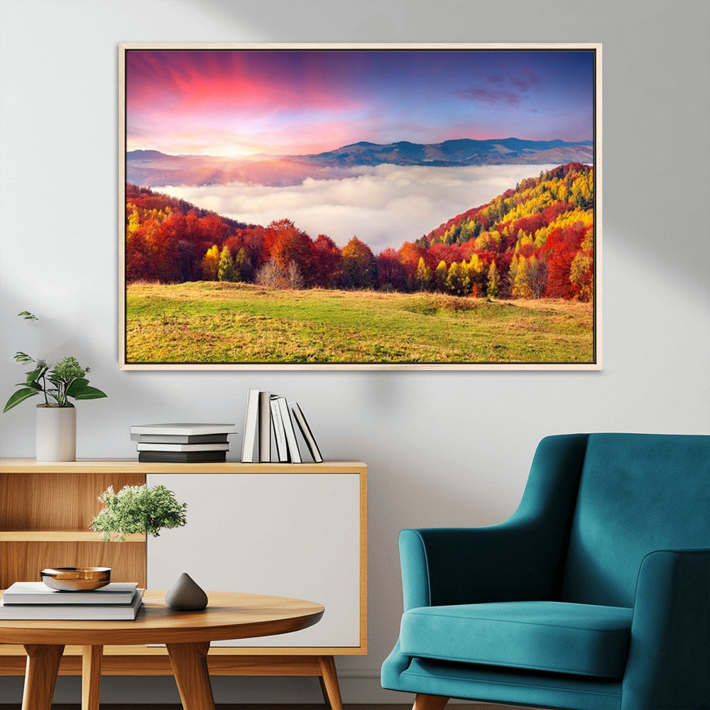 Autumn Mountain Foggy Landscape Wall Art Canvas Print |