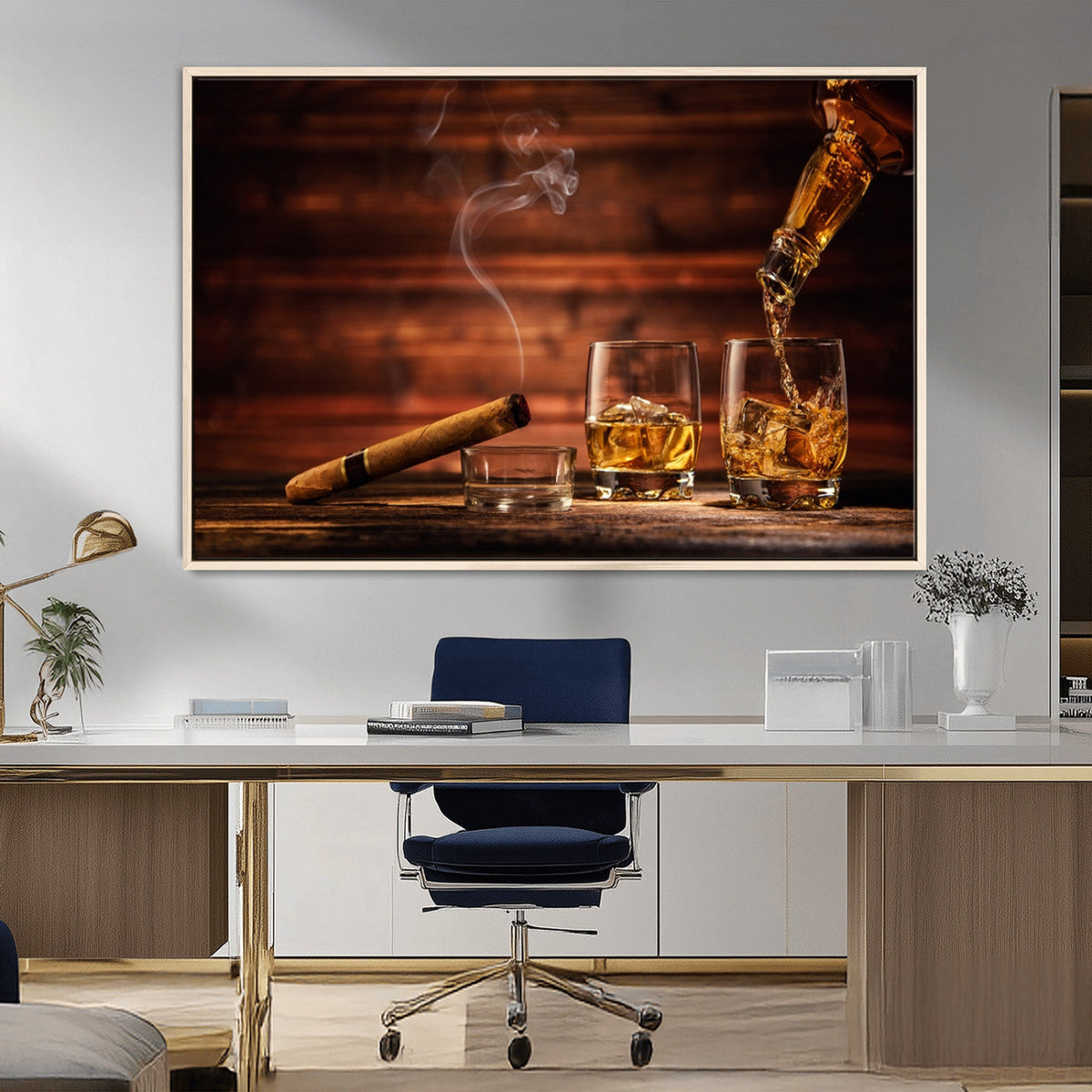 Whiskey and Cigar Wall Art Canvas | 3 Panel Bar Room Decor