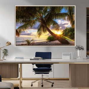 Tropical Island Sunset on the Beach Palms Wall Art Canvas