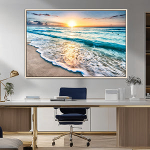 Sunset Beach Waves Canvas Wall Art – 5-Panel Ocean Sunset