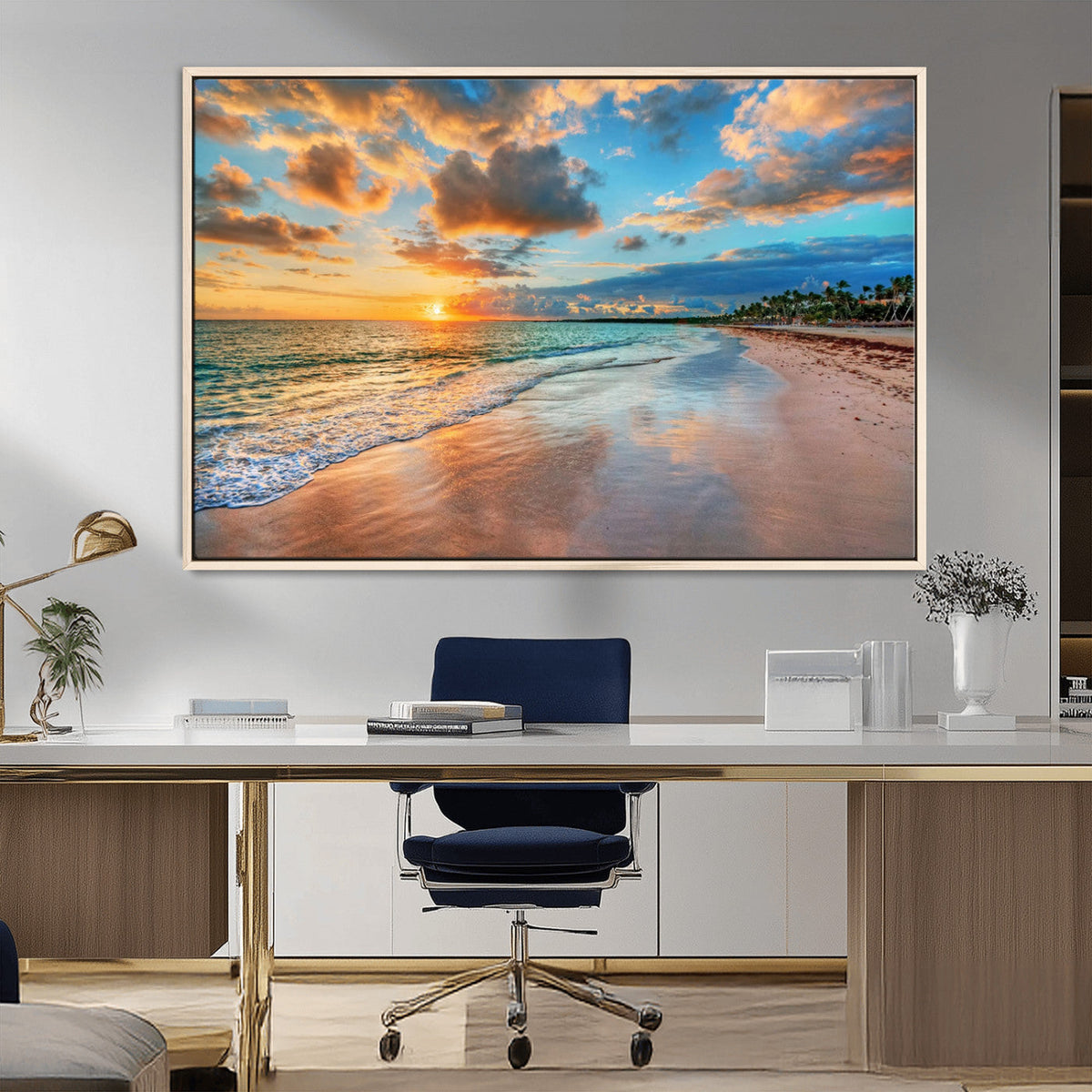 Sunset Ocean Waves on Tropical Beach, 3-Panel Giclee Canvas