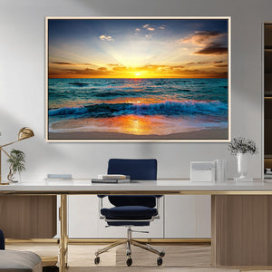 Vibrant Ocean Sunrise Over Golden Beach Waves, Giclee Canvas