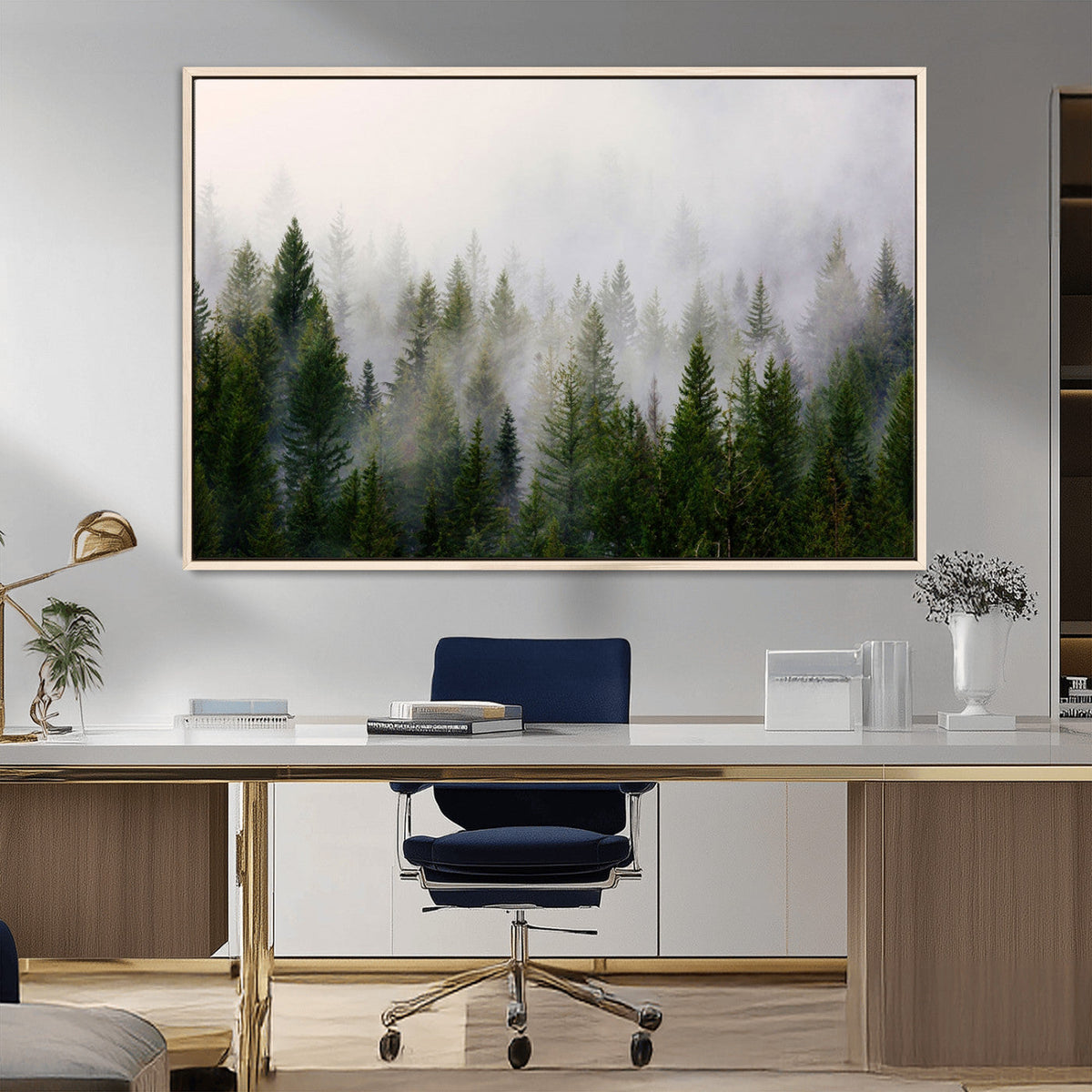 Misty Pine Forest Wall Art Canvas Print | 3 Panel Green