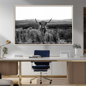 Black and White Highland Cow Canvas Wall Art, Longhorn