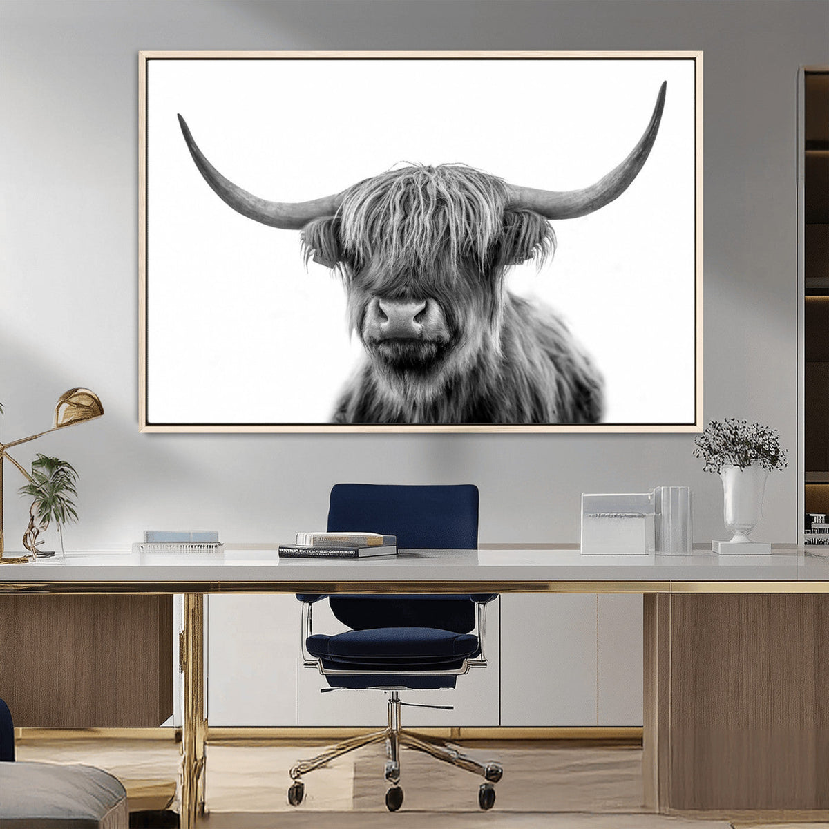 Grayscale Scottish Highland Cow Cattle Art Print Farmhouse