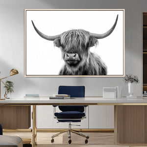 Grayscale Scottish Highland Cow Cattle Art Print Farmhouse