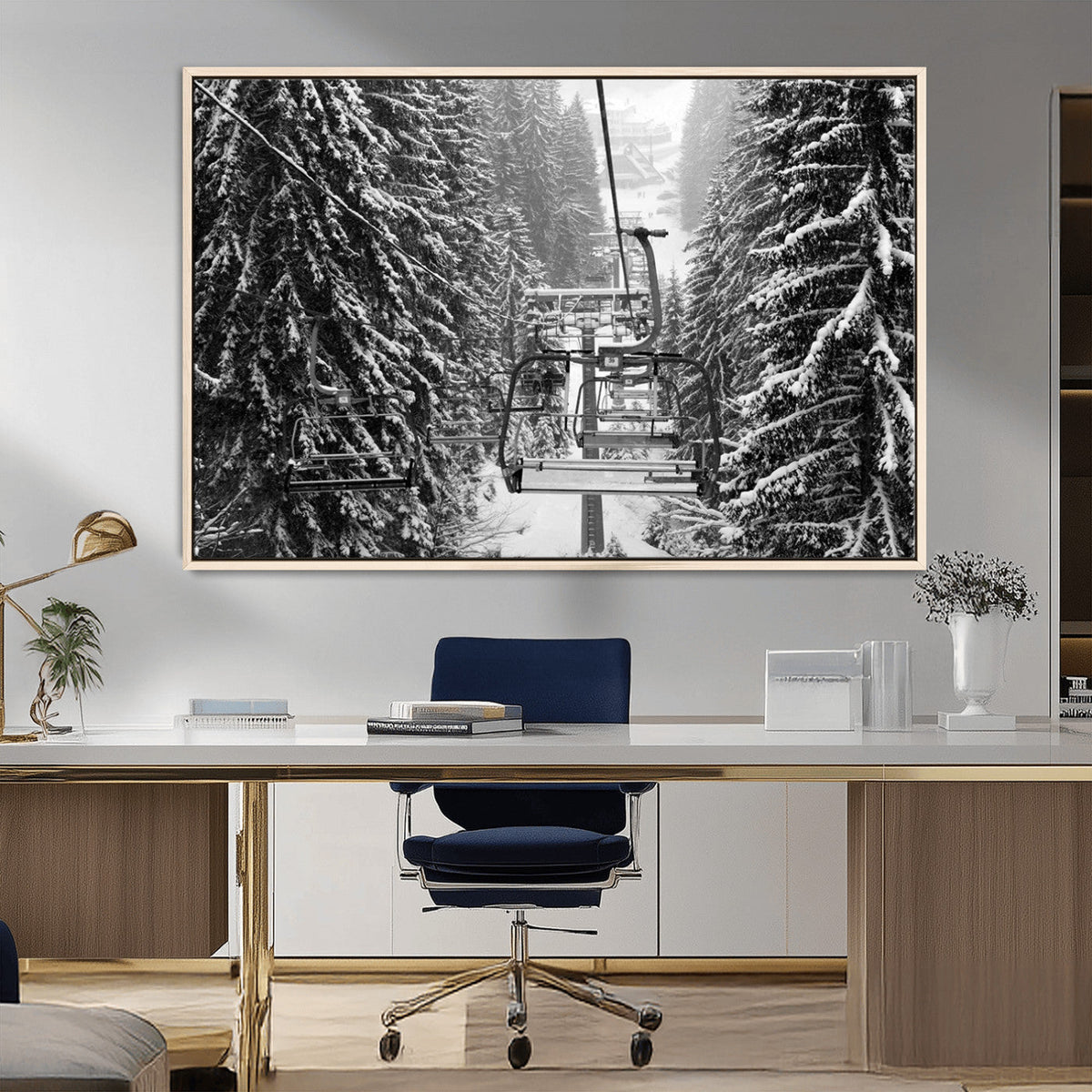 Winter Ski Lift Black and White Canvas Wall Art – Alpine