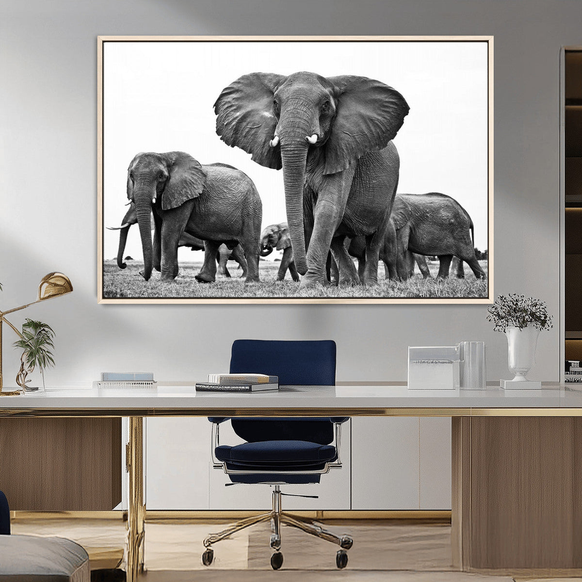 Black White Elephant Family Wall Art Canvas Print