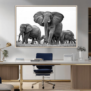 Black White Elephant Family Wall Art Canvas Print