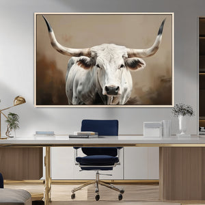 White Longhorn Bull Wall Art Canvas Print – Framed and Ready