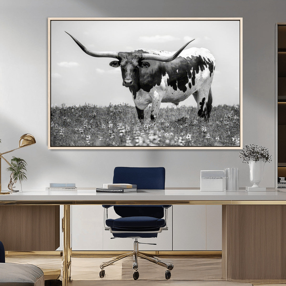 Texas Black White Highland Longhorn Cow Wall Art Canvas