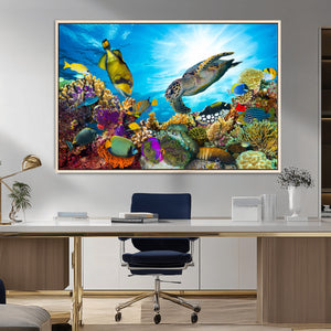 Colorful Coral Reef and Sea Life Turtle Canvas Print,