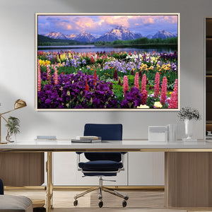 Vibrant Wildflower Garden and Mountain View Giclee Canvas