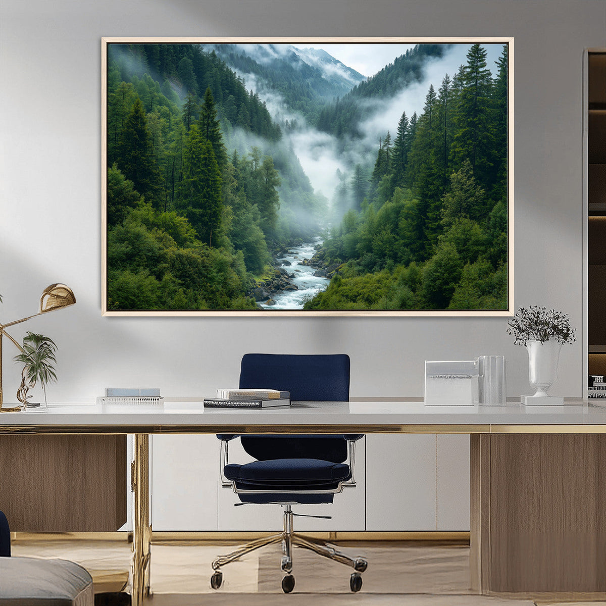 Mountain Forest River Canvas Wall Art Print - Serene Nature