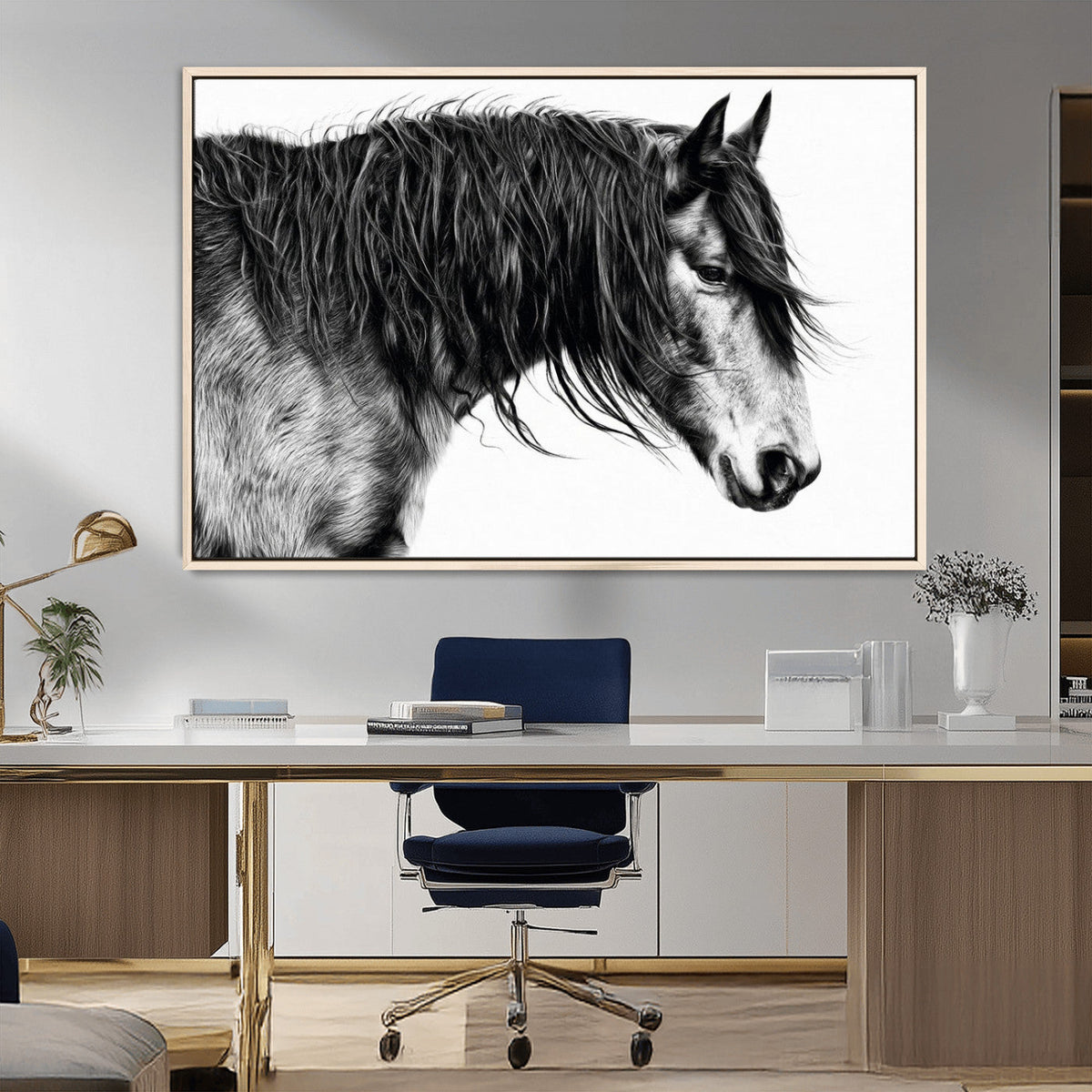 Majestic Horse Wall Art – Framed Black White Portrait Canvas