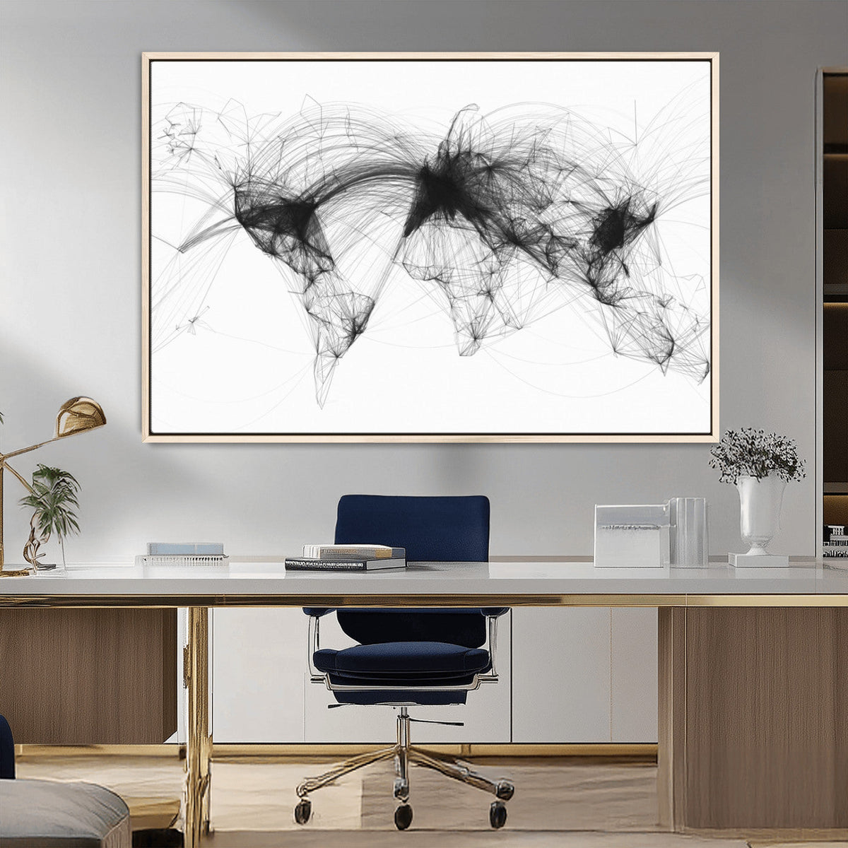 Flight Routes Air Traffic Map Canvas Wall Art - Framed -