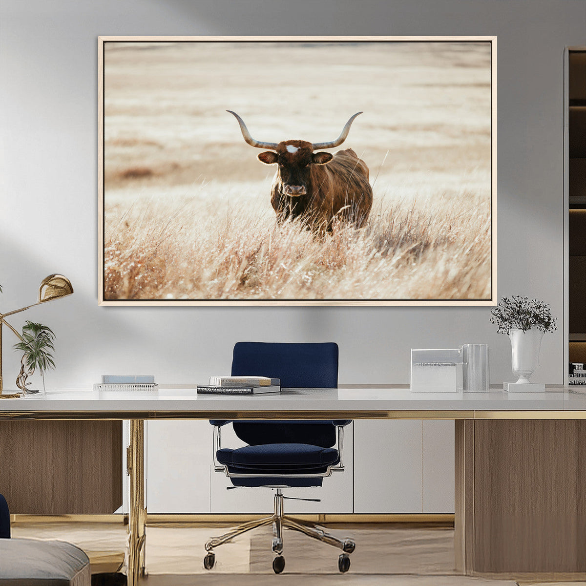 Texas Longhorn Wall Art Canvas Print – Framed Brown Horned