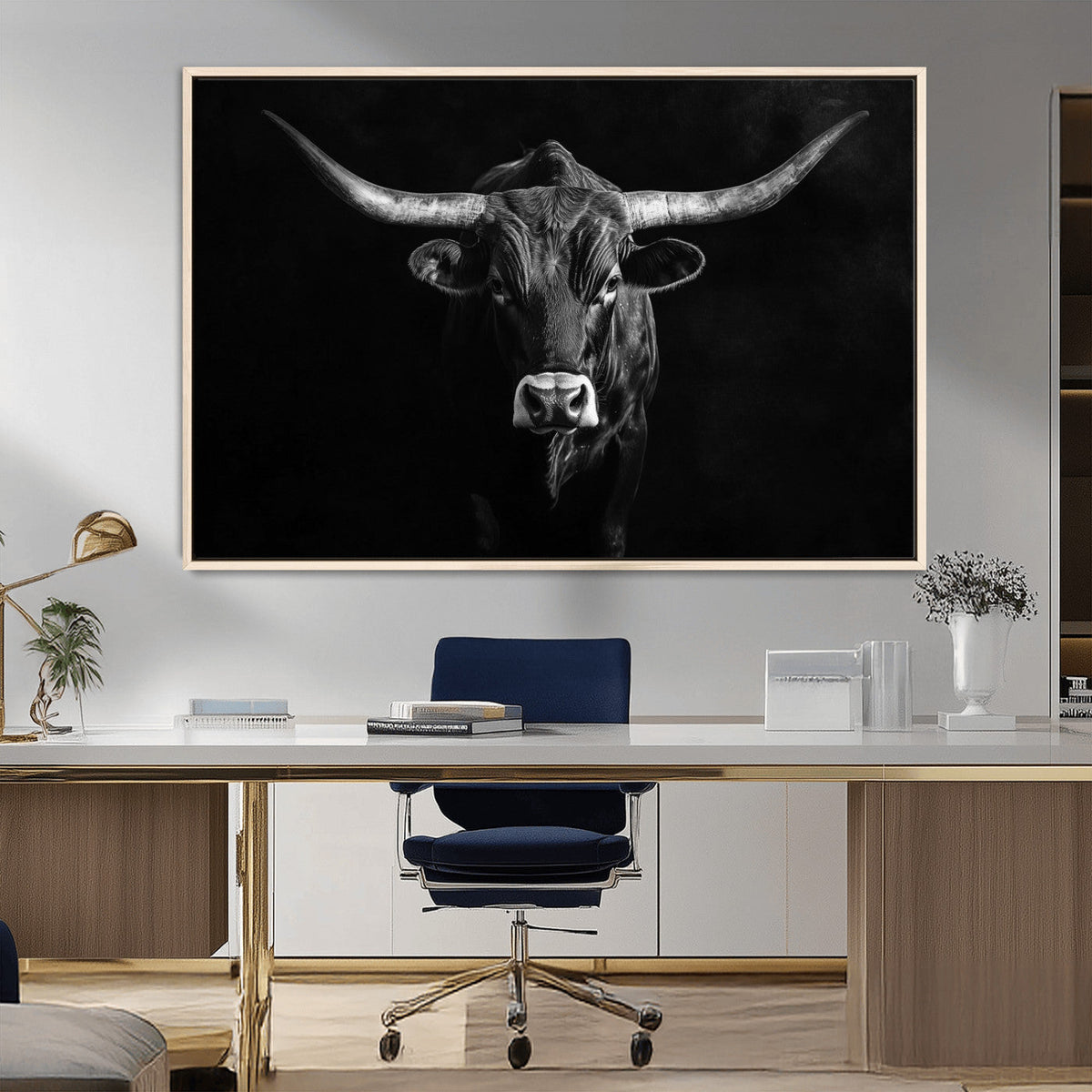 Texas Longhorn Wall Art Canvas Print – Framed Monochrome
