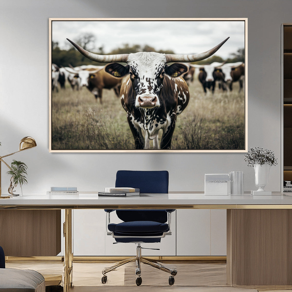Texas Longhorn Wall Art – Framed Speckled Cow Canvas