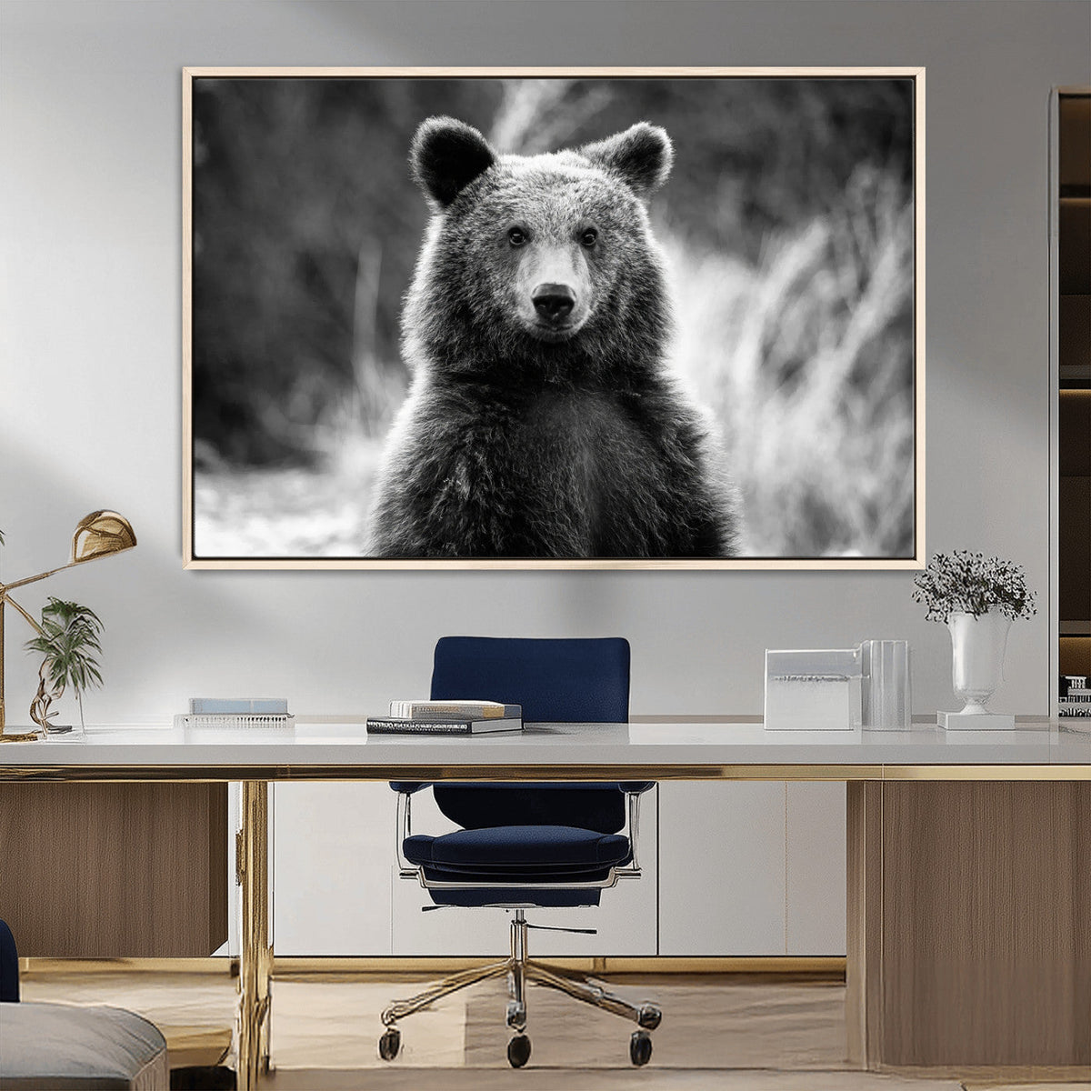 Grizzly Bear Wall Art Canvas Print – Framed Black White