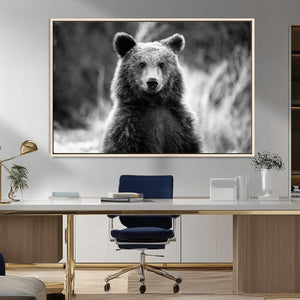 Grizzly Bear Wall Art Canvas Print – Framed Black White
