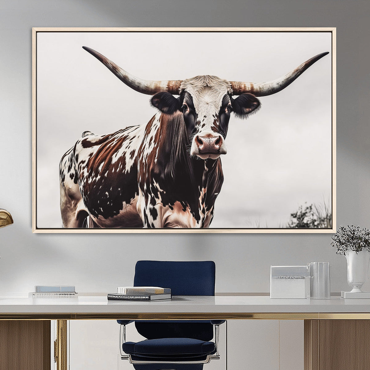 Texas Longhorn Wall Art Canvas Print – Framed Spotted Bull