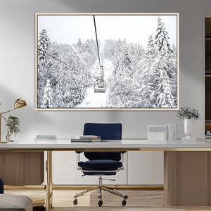 Snowy Ski Lift Wall Art – Framed Winter Mountain Canvas