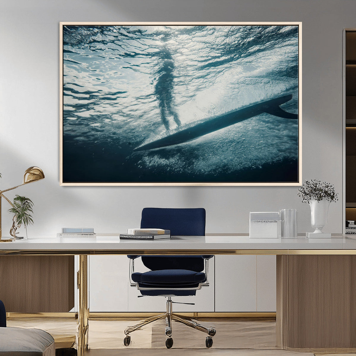 Underwater Surf Wall Art – Framed Ocean Wave Canvas Artwork,