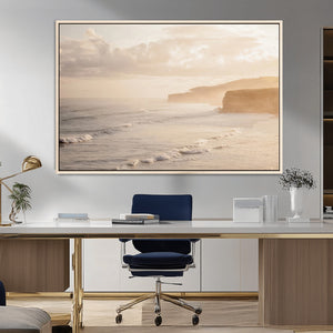 Misty Coastal Wall Art Canvas Print – Framed Golden Sunset