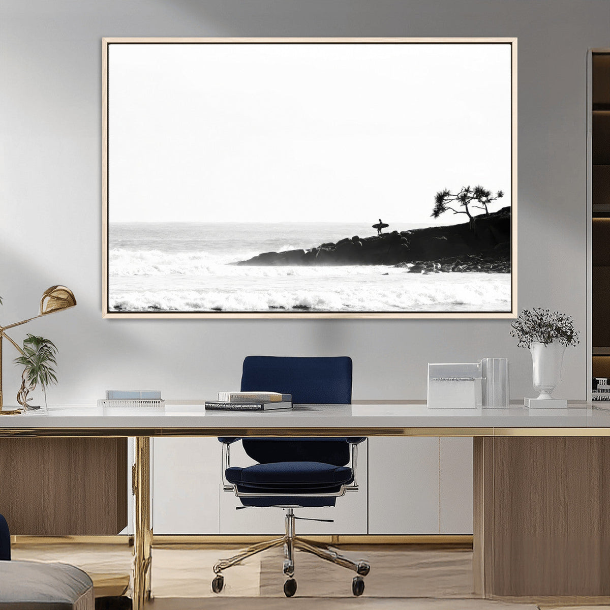 Surfer Cliffs Wall Art Canvas Print – Framed Black White