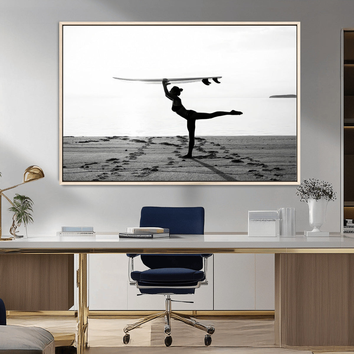 Yoga Surf Wall Art Canvas Print – Framed Black White Shore