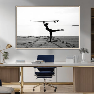 Yoga Surf Wall Art Canvas Print – Framed Black White Shore