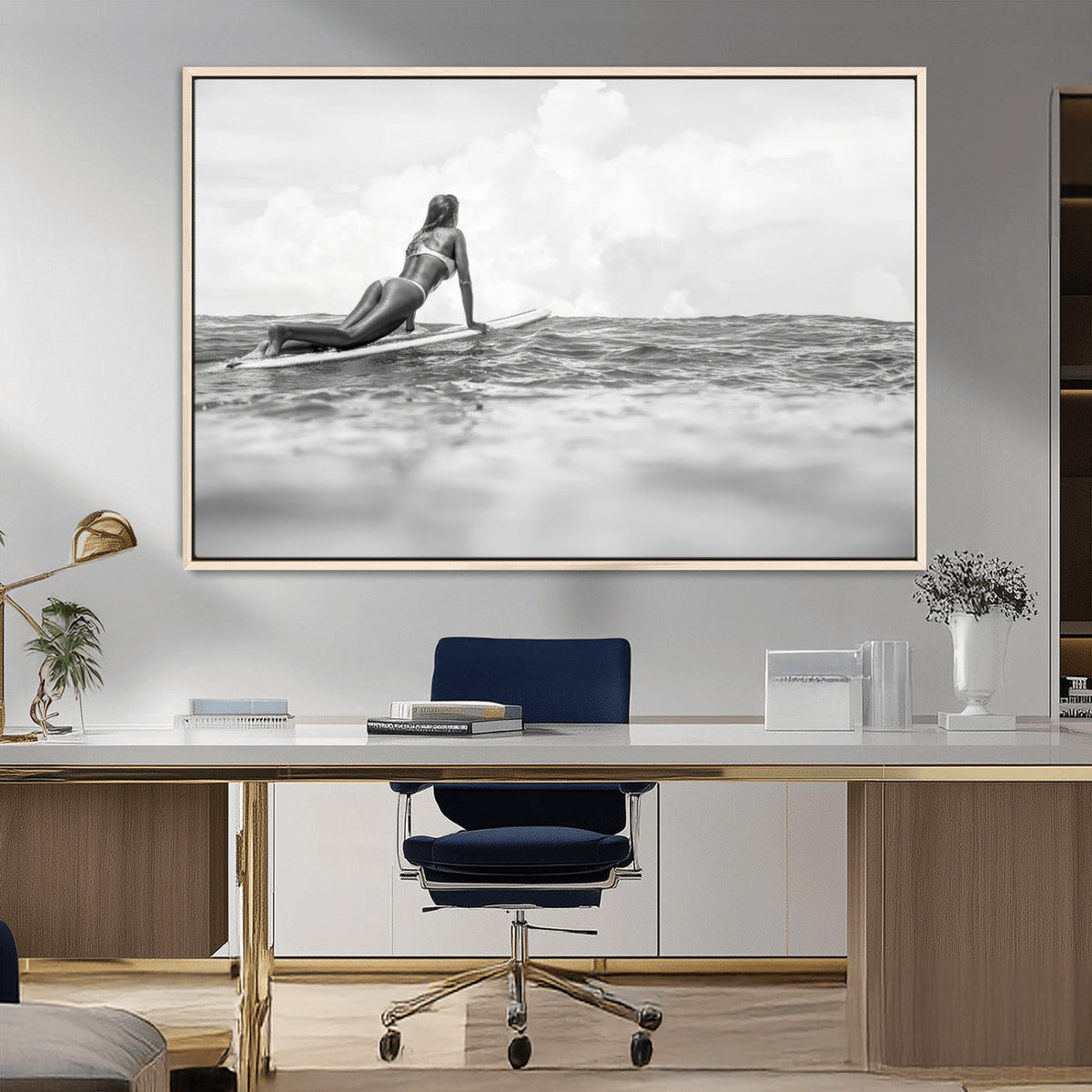 Black and White Surfing Wall Art Canvas Print – Framed Ocean