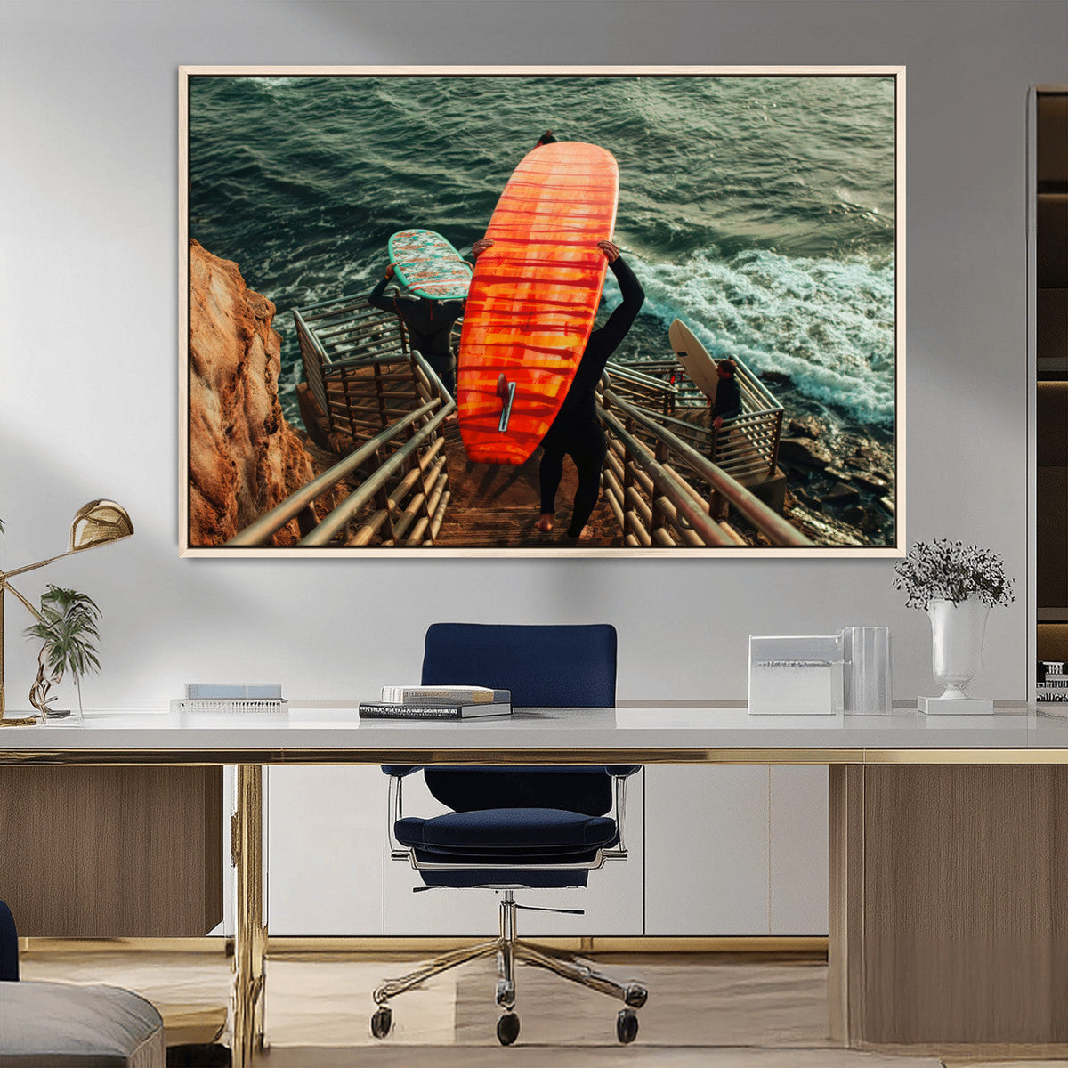 Surfer Stairway Wall Art – Framed Ocean Surf Canvas Artwork,