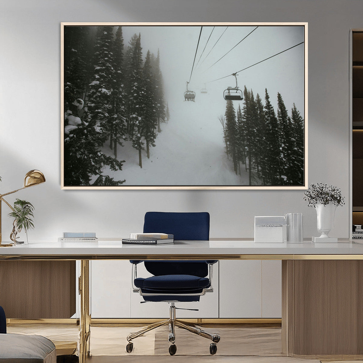 Ski Lift Wall Art Canvas Print – Snowy Pines Misty Landscape