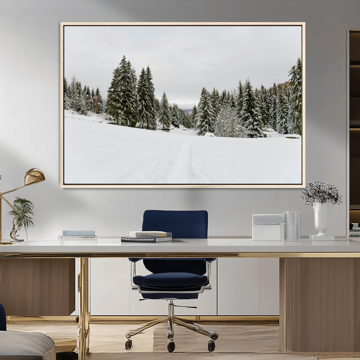 Frosty Pines Wall Art Canvas Print – Framed Silent Snowfall