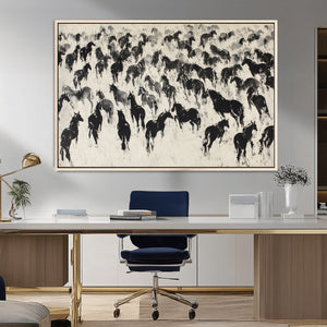 Wild Horse Stampede Wall Art Canvas Print – Monochrome
