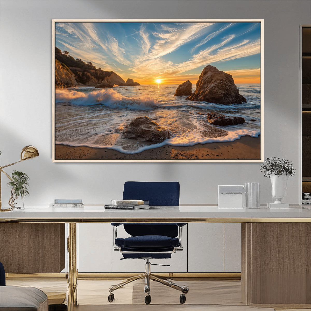 Rocky Ocean Sunset Wall Art Print – Seaside Canvas Dramatic