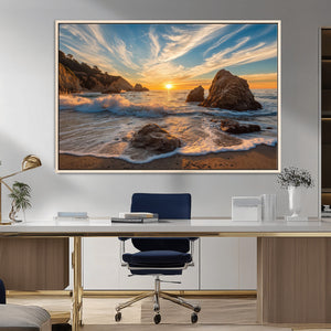 Rocky Ocean Sunset Wall Art Print – Seaside Canvas Dramatic